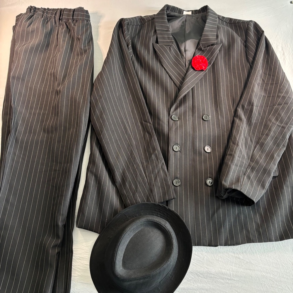 Halloween Mob Gangster Costume Set Double Breasted Pinstripe Suit with Hat XL